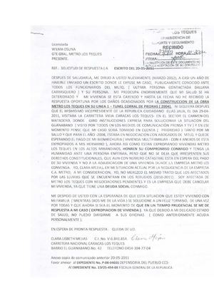 Carta de Clara Mejias a Wilma Osuna Gerente General metro Los teques Caso Guanabanao
