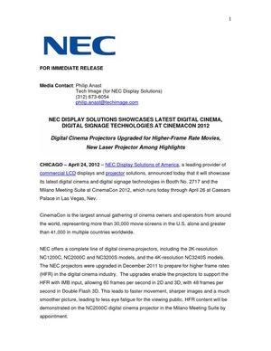 NEC DISPLAY SOLUTIONS SHOWCASES LATEST DIGITAL CINEMA, DIGITAL SIGNAGE TECHNOLOGIES AT CINEMACON 2012