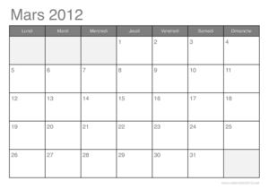 Calendrier du mois de mars 2012