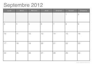 Calendrier du mois de septembre 2012