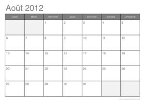 Calendrier du mois d'août 2012