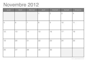 Calendrier du mois de novembre 2012