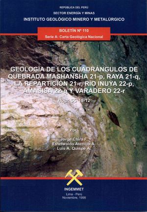 Geología - Cuadrangulo de Quebrada Mashansha (21p), Raya (21q), La Repartición (21r), Río Inuya (22p), Amasisa (22q) y Varadero (22r),1998