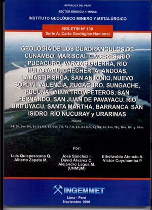 Geología - Cuadrangulo de Cunambo (5k), Mariscal Cáceres (5l), Río Pucacuro (5m), Vargas Guerra (6h), Río Huitoyacu (6i), Checherta (6j), An