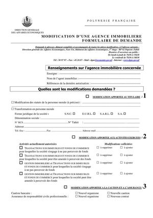 MODI FICATION D’UNE AGENCE IMMOBILIERE FORMULAIRE DE DEMANDE