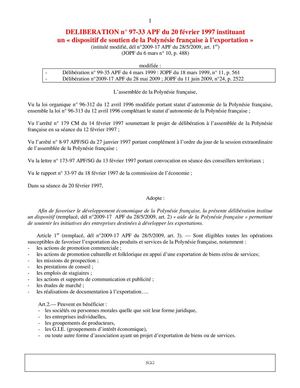 DELIBERATION n° 97-33 APF du 20 février 1997 instituant un « dispositif de soutien de la Polynésie française à l’exportation »