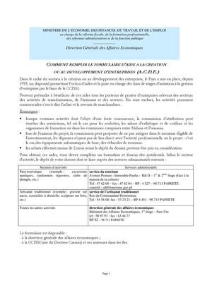 COMMENT REMPLIR LE FORMULAIRE D’AIDE A LA CREATION OU AU DEVELOPPEMENT D’ENTREPRISES (A.C.D.E.)