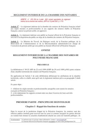 ARRETE n° 870 CM du 4 juillet 2001 portant approbation du règlement intérieur de la chambre des notaires, JOPF du 12 juillet 2001, p. 1715.