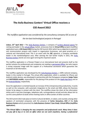 The Avila Business Centers’ Virtual Office receives a  CIO Award 2012