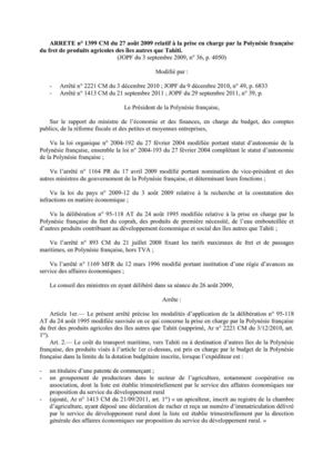 ARRETE n° 1399 CM du 27 août 2009 relatif à la prise en charge par la Polynésie française du fret de produits agricoles des îles autres que Tahiti.