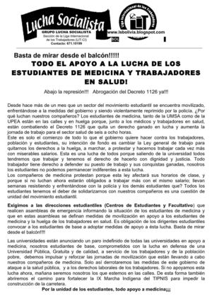 TODO EL APOYO A LA LUCHA DE LOS ESTUDIANTES DE MEDICINA Y TRABAJADORES EN SALUD! Abajo la represión!!!   Abrogación del Decreto 1126 ya!!!