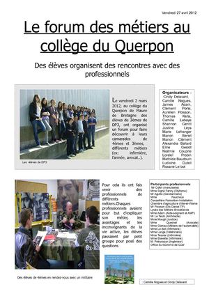Forum des métiers au collège Camille et Cindy