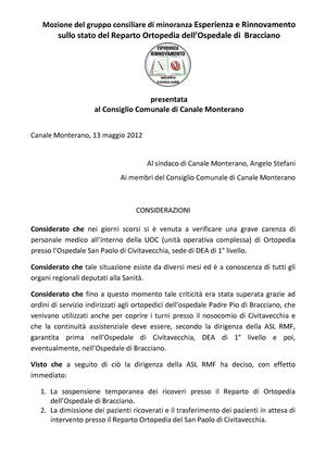 La nostra mozione sul reparto Ortopedia dell'Ospedale di Bracciano