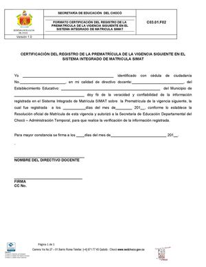 Modelo de la Certificación de la Prematricula SEDCHOCO