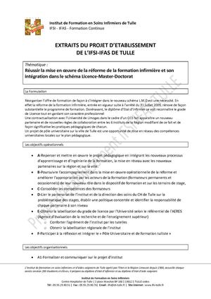 IFSI IFAS TULLE Projet Etablissement
