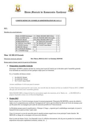 compte rendu du Conseil d'administration Janvier 2012
