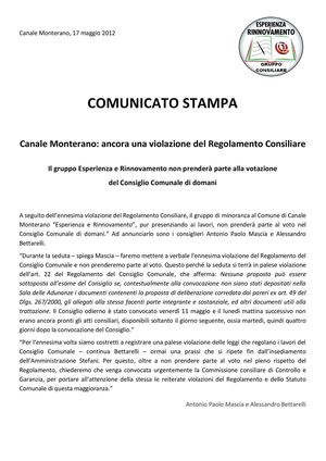 Com. Stampa su ennesima violazione del Regolamento Consiliare