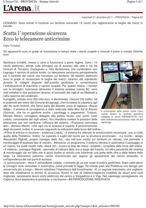 Ecco le telecamere anticrimine.... "L'Arena" 21 Dicembre 2011
