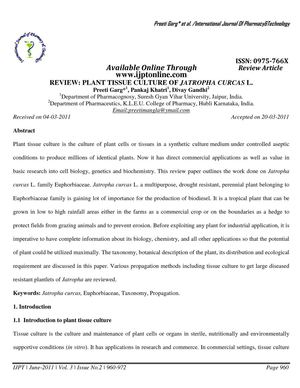 Plant Tissue Culture of Jatropha Curcas L.  