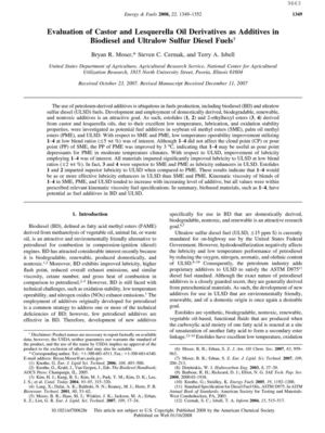 Evaluation of Castor and Lesquerella Oil Derivatives as Additives in Biodiesel and Ultralow Sulfur Diesel Fuels  