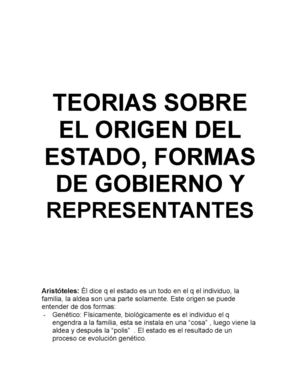 TEORIAS SOBRE EL ORIGEN DEL ESTADO, FORMAS DE GOBIERNO Y REPRESENTANTES