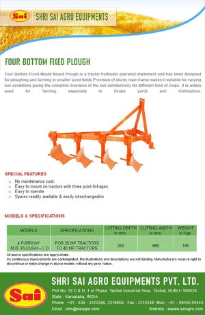 Four Bottom Fixed Mould Board Plough is a tractor hydraulic operated implement
