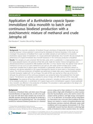 Application of a Burkholderia Cepacia Lipaseimmobilized Silica Monolith to Batch and Continuous Biodiesel Production With A Stoichiometric Mixture of Methanol and Crude Jatropha Oil  