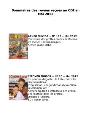 Sommaires des revues reçues en Mai 2012
