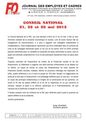 Résolution du Conseil National de la FEC FO de mai 2012
