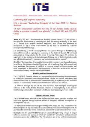 ITS is awarded ‘Technology Company of the Year 2012’ by Arabian Business