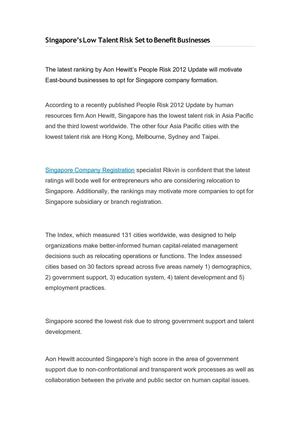 Singapore’s Low Talent Risk Set to Benefit Businesses