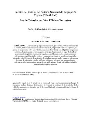 Ley de Transito por Vias Publicas Terrestres (actualizada marzo 2010)Costa Rica