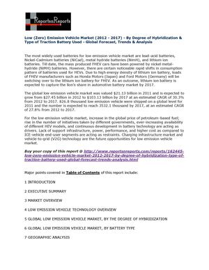 Low (Zero) Emission Vehicle Market (2012 - 2017) - By Degree of Hybridization & Type of Traction Battery Used - Global Forecast, Trends & Analysis