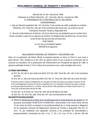 Reglamento General de Transito y  Seguridad Vial El salvador