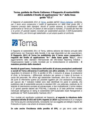 Terna, guidata da Flavio Cattaneo: il Rapporto di sostenibilità 2011 soddisfa il livello di applicazione “A+” delle linee guida “G3.1”