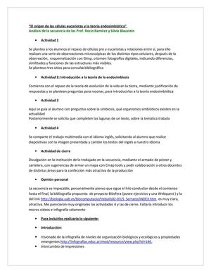 “El origen de las células eucariotas y la teoría endosimbiótica”  Análisis de la secuencia de las Prof. Rocío Ramírez y Silvia Blaustein  