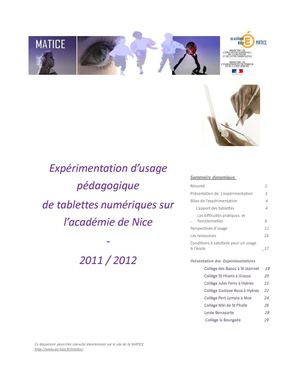 Bilan de l'expérimentation Tablettes Numériques dans l'Académie de Nice, juin 2012