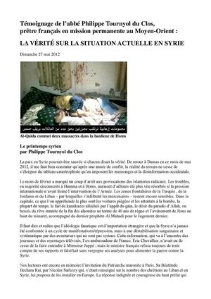 Témoignage de l’abbé Philippe Tournyol du Clos, prêtre français en mission permanente au Moyen-Orient : LA VÉRITÉ SUR LA SITUATION ACTUELLE EN SYRIE