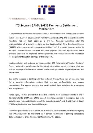 ITS Secures SAMA SARIE Payments Settlement Mechanism