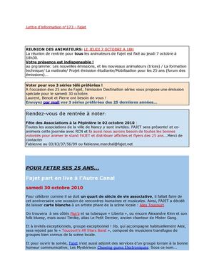 FAJET Lettre d'information n° 173 - octobre 2010