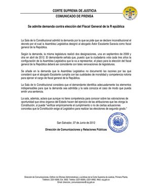 Comunicado de Prensa: Se admite demanda contra elección del Fiscal General de la República