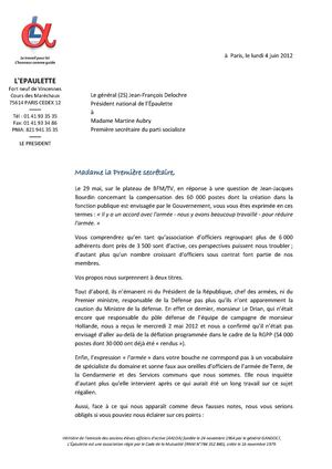 Le général (2S) Jean-François Delochre Président national de l’Épaulette à Madame Martine Aubry Première secrétaire du parti socialist