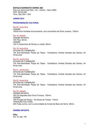 PROGRAMAÇÃO CULTURAL PARA O MÊS DE JUNHO/2012 - EN SERRO