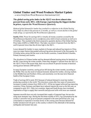 The global sawlog price index in the 1Q/12 was down almost nine percent from early 2011, with Europe experiencing the biggest decline in prices