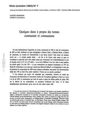 Quelques dates à propos des termes 'communiste' et 'communisme'