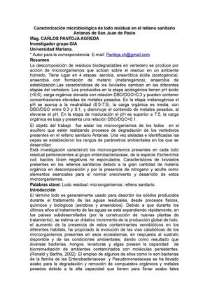 Caracterización microbiológica de lodo residual en el relleno sanitario Antanas de San Juan de Pasto