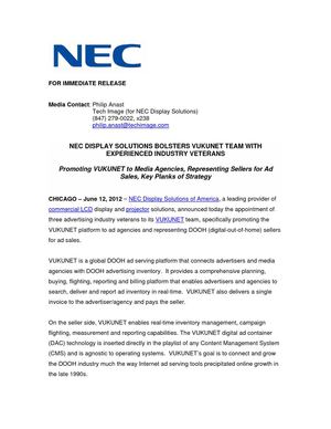 NEC DISPLAY SOLUTIONS BOLSTERS VUKUNET TEAM WITH EXPERIENCED INDUSTRY VETERANS