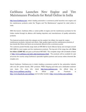 Carkhana Launches New Engine and Tire Maintenance Products for Retail Online in India