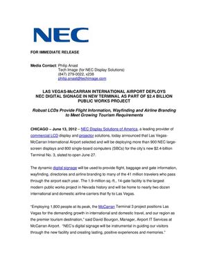 LAS VEGAS-McCARRAN INTERNATIONAL AIRPORT DEPLOYS NEC DIGITAL SIGNAGE IN NEW TERMINAL AS PART OF $2.4 BILLION PUBLIC WORKS PROJECT