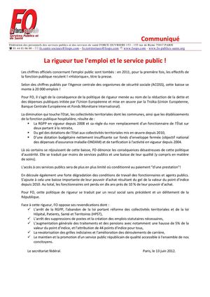 Communiqué fédéral sur le recul de l'emploi dans la FPH - Juin 2012